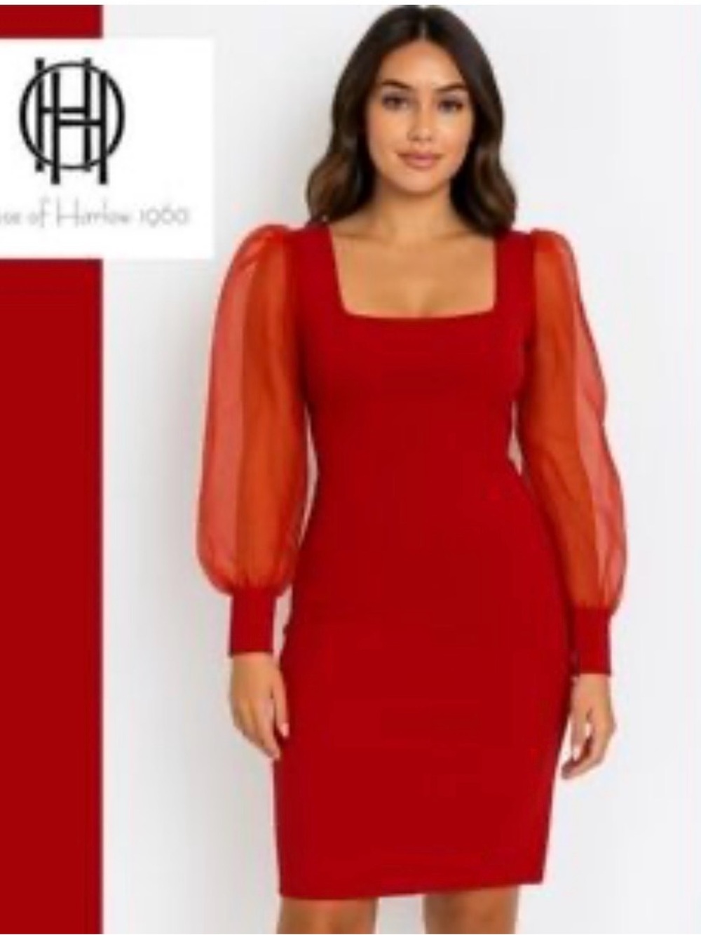 House of Harlow 1960‎ Red Square-Neck Sheath Dress with Sheer Puff Sleeves